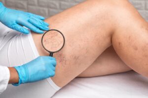 A person examines a leg with varicose veins using a magnifying glass in Phoenix, AZ